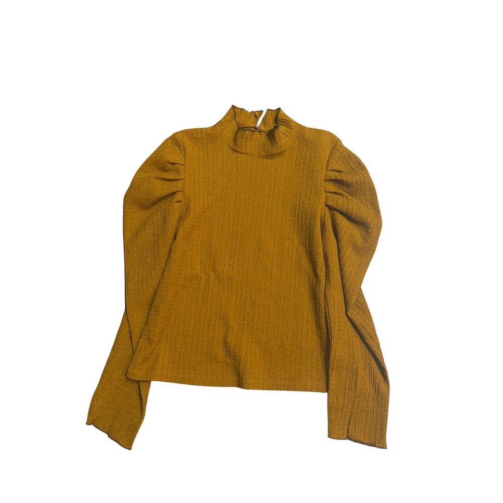 Free People Mustard Yellow Ribbed Knit Puff Sleeve‎ Mock Neck Top XL